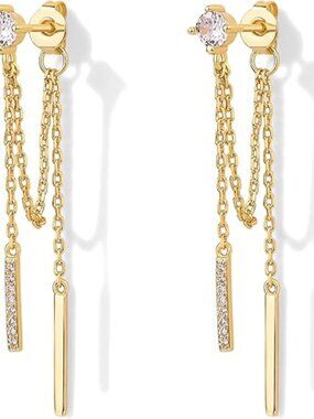 18K Gold CZ Chain Drop Earrings Women Threader Dangle Studs Sterling Silver